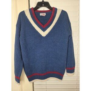 VTG Womens Tennis Sweater V-Neck cable knit S Blue White Preppy Cricket classic